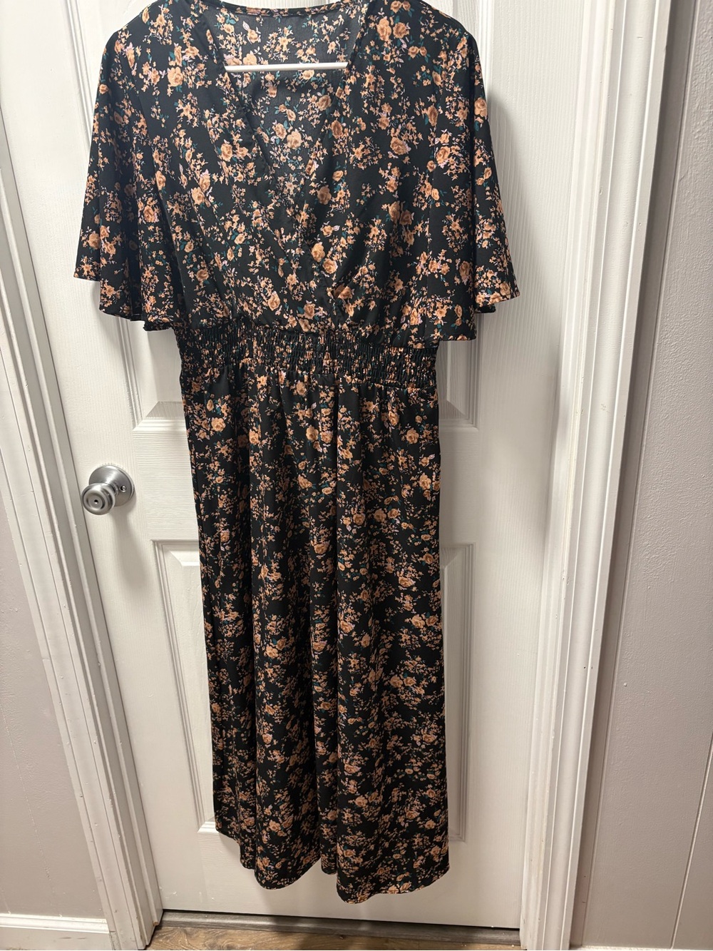 SHEIN Black Midi Dress with Tan Floral Print